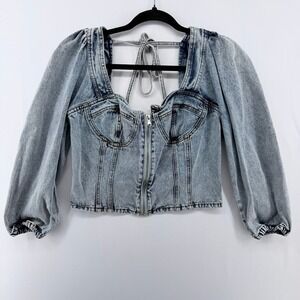 Venus Acid Wash Denim Corset‎ Top Puff Sleeve Bustier Zip Front Blue Size 8